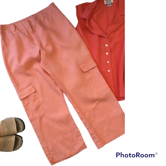 Coral Linen Cropped Wide Leg Cargo Pants Size 6 - Picture 1 of 14